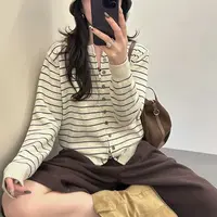 条纹针织衫女开衫长袖秋装新款时尚洋气宽松拉链外套设计感上衣