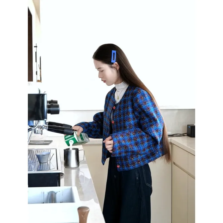 MARIE.COCO法式千金名媛小香风蓝色格纹粗花呢外套打底衫牛仔长裤