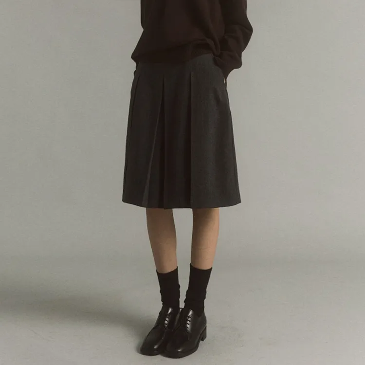 灰色百褶裙女2025新款秋冬半身短裙毛呢A字学院风高腰五分中裙子