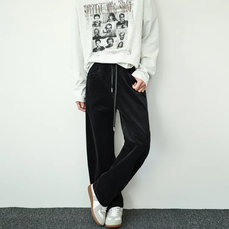 秋冬日系复古灯芯绒休闲裤男款松紧腰抽绳设计慵懒松弛感直筒长裤