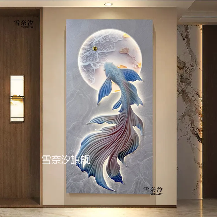 立体浮雕现代砂岩锦鲤鱼聚财走廊过道灯光客厅装饰画入户玄关挂画