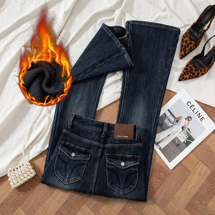 专柜品质/秋冬加绒喇叭裤2025新款牛仔裤女高腰修身弹力微喇叭裤