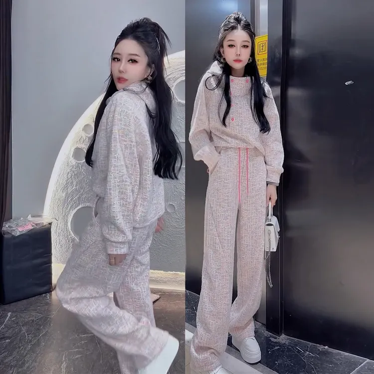 洋气个性冬季加绒休闲套装98895网红时尚运动连帽卫衣+阔腿裤女装