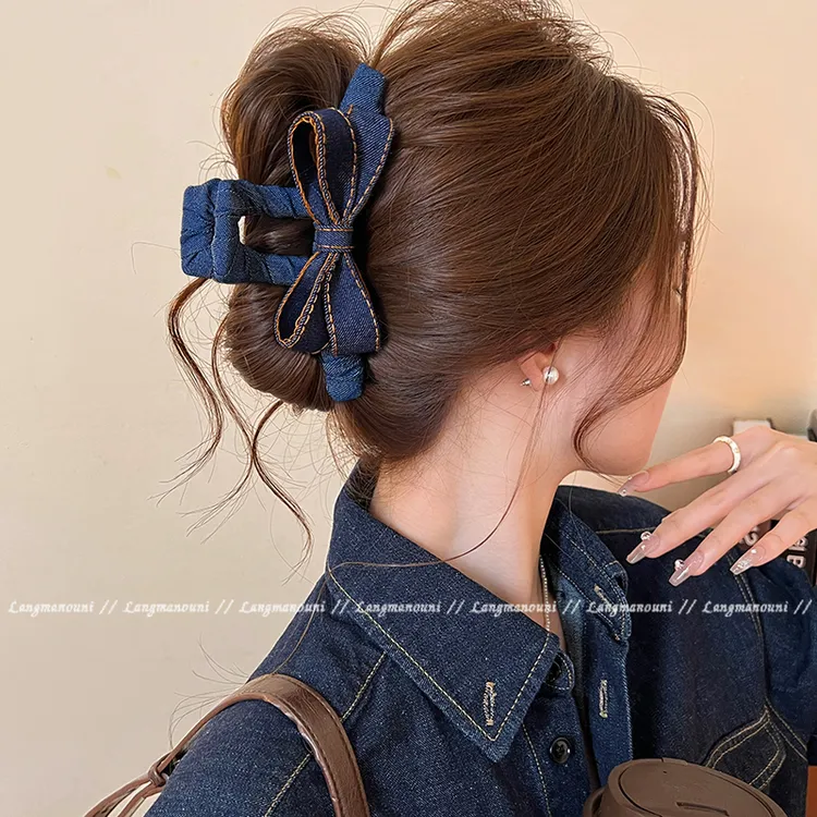 牛仔蝴蝶结抓夹女2025新款韩系时髦鲨鱼夹发夹高级感盘发大号发饰