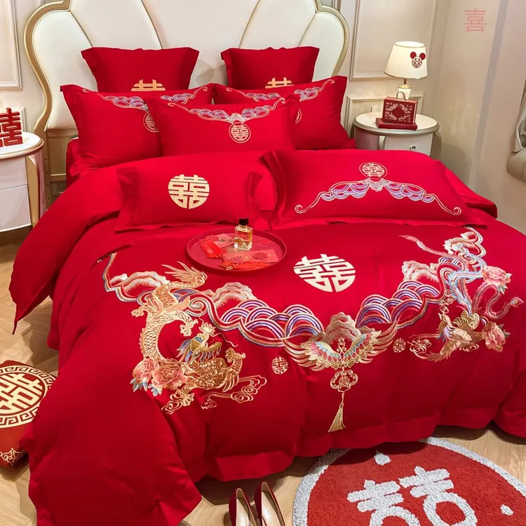 水星家纺适用中式传统龙凤刺绣全棉婚庆四件套纯棉喜被结婚床品