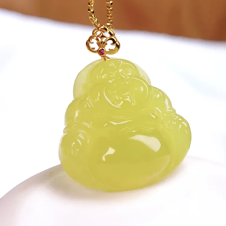 天然和田玉新疆若羌黄口鸡油黄18K金镶嵌佛公吊坠挂件女时尚@0055