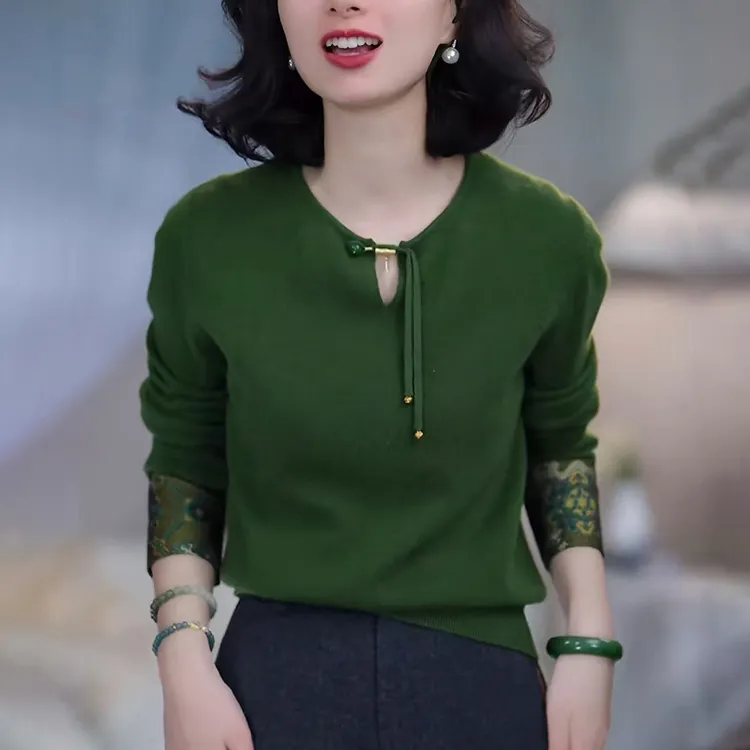 国风套头绿色毛衣女2025秋季高级感减龄显瘦新中式打底针织衫上衣