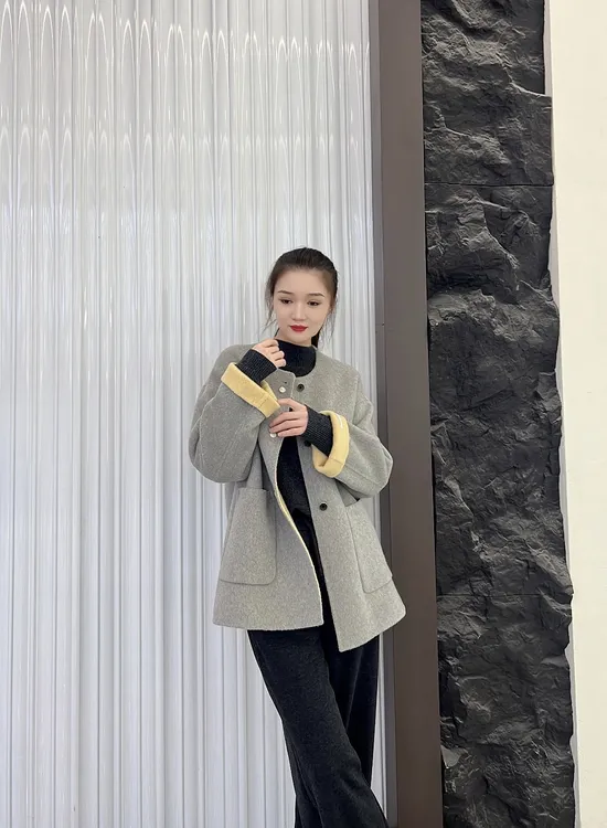 韩系AB面双面羊毛大衣短款带围巾兔毛毛球温柔显瘦气质款99810