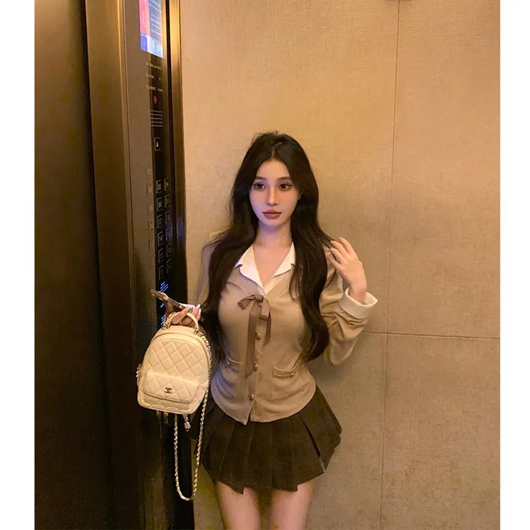拼接假两件撞色长袖针织开衫女秋季学院风套装百褶裙半身裙两件套