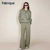 Fabrique Jane 秋冬鼠尾草绿棉质半拉链翻领宽松卫衣与休闲裤套装