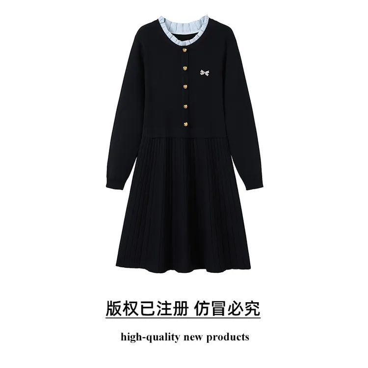 奢姿2025年春季新款大码女装立领气质裙子胖妹妹学院风胸针连衣裙