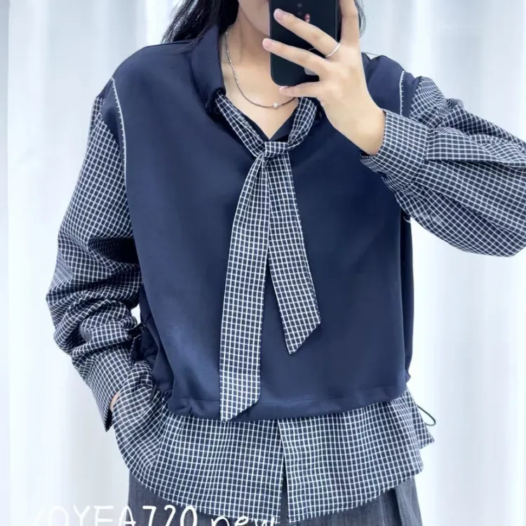 A720【不退换】格子假两件套头翻领领带衬衫卫衣休闲上衣抽绳特色