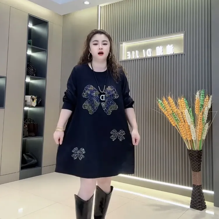 鑫家9654早秋新款大码女装中长大衫连衣裙
