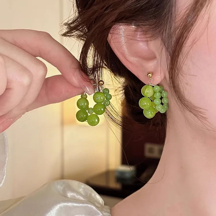 新款双层绿色大小串珠耳环女设计感小众独特耳钉气质耳饰品3322