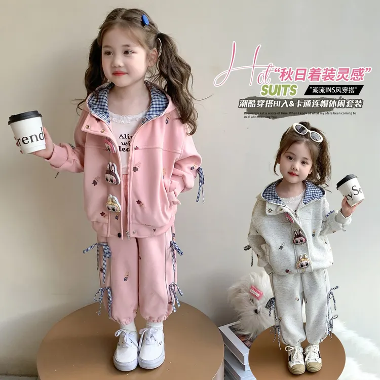 女童卡通连帽套装2025新款儿童洋气女宝宝春秋装束脚卫裤两件套潮