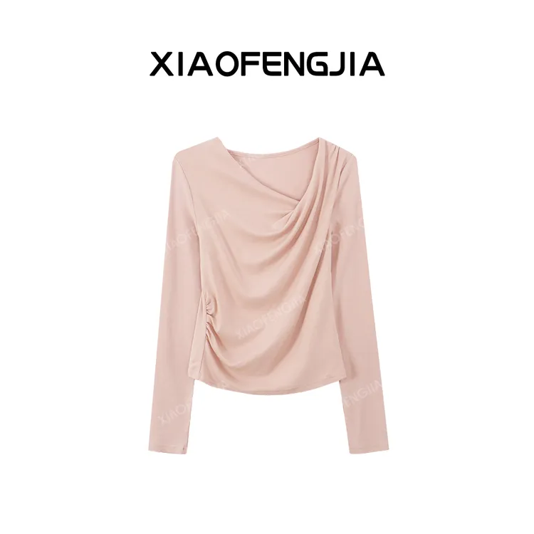 粉色甜妹斜肩领温柔打底T恤女2025春秋季爆款褶皱显瘦上衣长袖ins