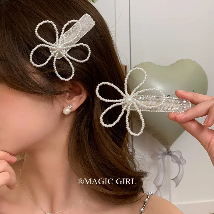 早春优雅水晶珍珠花朵发夹手工精致少女刘海夹子发饰甜美侧边发卡