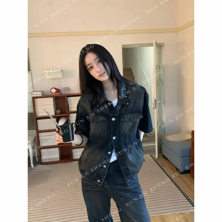 孙恩盛【牛仔套装】新款 韩系拼接PU皮垫肩短袖牛仔夹克 牛仔裤套装