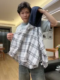 儿童衬衫春装2025新款童装春秋款连帽外套中大童宽松休闲格子衬衣