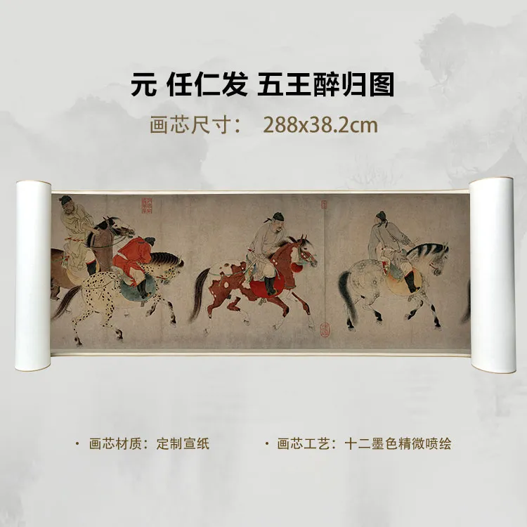 元 任仁发 五王醉归手卷国画微喷客厅背景高清复刻精装裱卷轴
