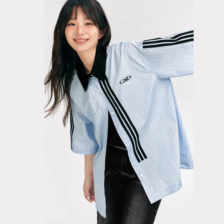 NO ONE ELSE美式复古女士条纹拼接衬衫夏季字母刺绣短袖翻领衬衣