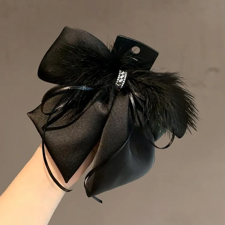 氛围感黑色轻奢羽毛缎面蝴蝶结马尾夹高级感时尚百搭日常通勤发夹