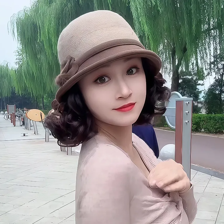 秋冬新款帽子假发一体加厚羊毛呢渔夫帽慵懒卷洋气减龄短卷发头套
