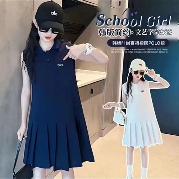 儿童夏季新款polo衫连衣裙透气运动学院风百褶翻领无袖休闲背心裙