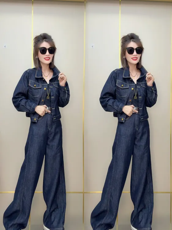 编织翻领长袖外套阔腿裤两件套