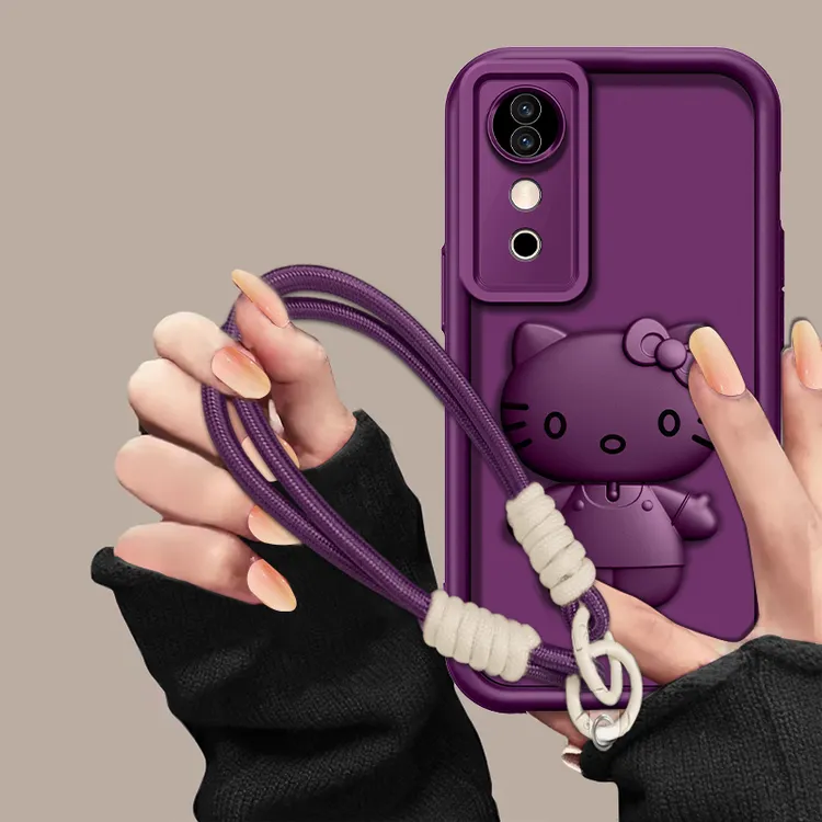 适用于【vivos19】金属漆梅子色优雅猫咪支架手机壳防摔创意网红女