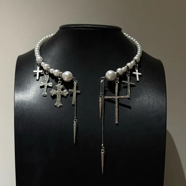 合金项链 【17SR】双十一福利品十字架亮闪珍珠弹力项链chocker