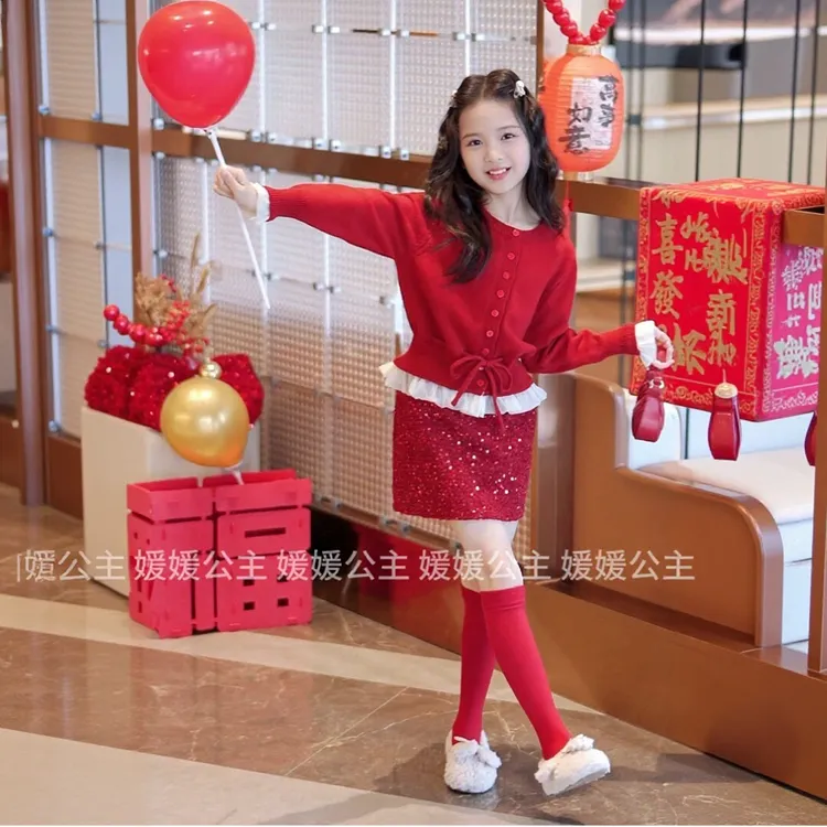 媛媛公主【新年甜心】2025冬女童针织亲肤蕾丝花边毛衣15405A480