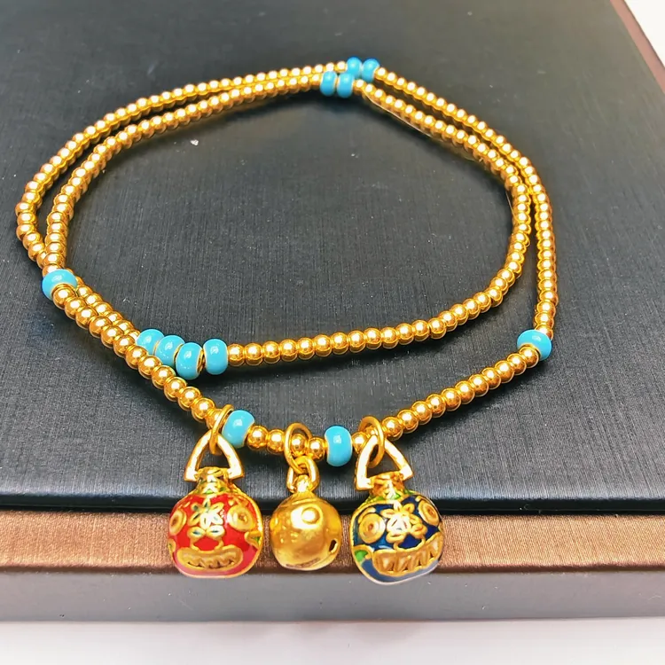 12#足金999黄金 珐琅彩吞金兽的一家 双圈手串
