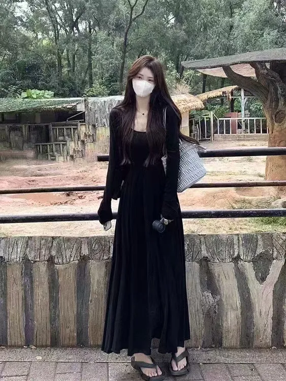 大码胖MM简约时尚显瘦收腰连衣裙套装超大裙摆长款吊带裙+开衫