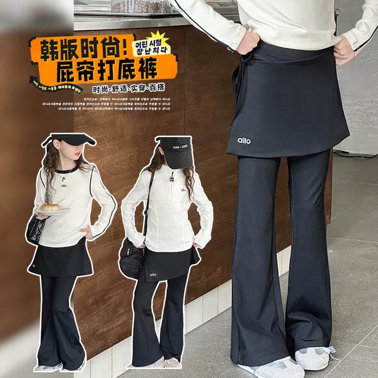 春秋百搭韩系洋气休闲外穿显瘦阔腿长裤2025热款女童夏季黑色字
