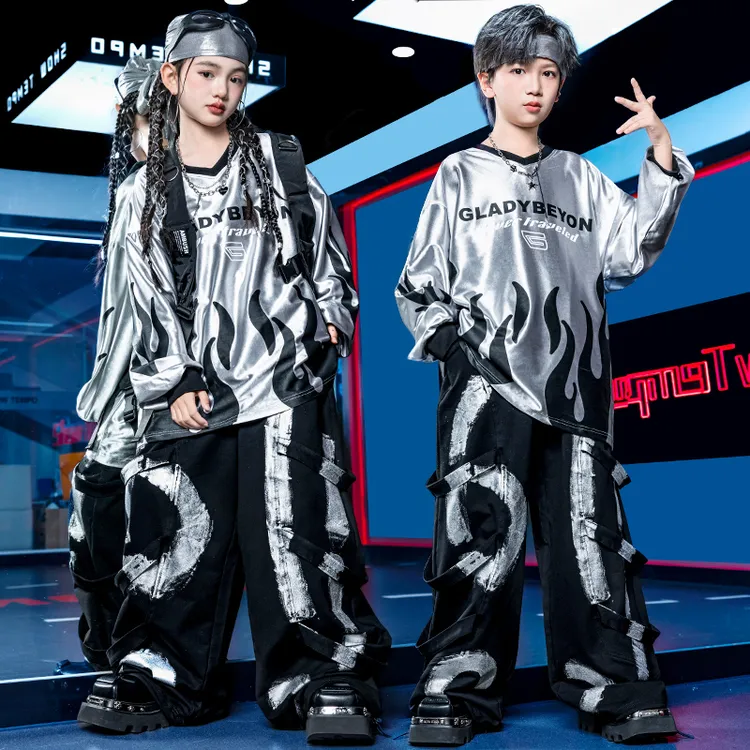 元旦男女儿童演出服银色亮皮爵士舞蹈服装潮流架子鼓嘻哈街舞套装