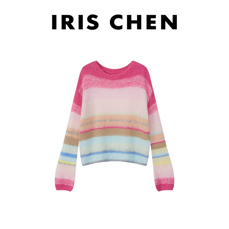 【现货】IRIS CHEN 彩釉 2025秋“超幼马海”羊毛彩虹条纹慵懒针织衫