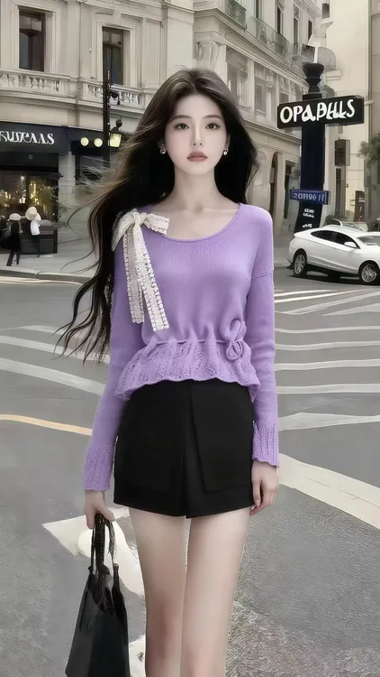 韩版早秋慵懒氛围感穿搭紫色圆领蝴蝶结绑带长袖上衣+黑色短裤女