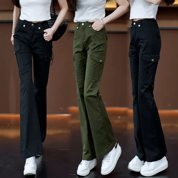 时尚微喇休闲工装裤2024春夏季新款高腰显瘦多口袋直筒减龄显腿长