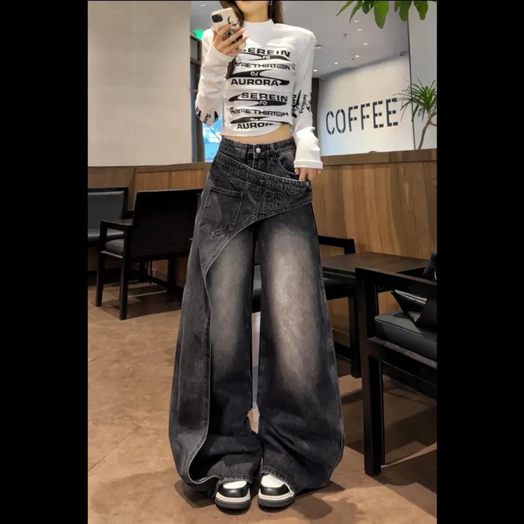 31299复古做旧直筒休闲渐变牛仔裤女2025年春季新款不规则款