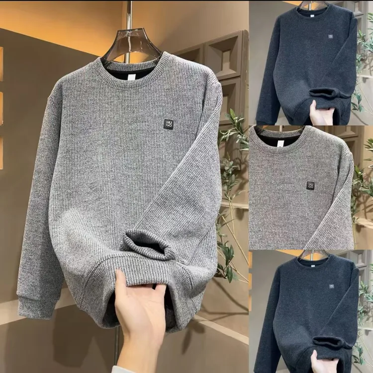 冬季新款休闲风圆领加绒加厚提花针织卫衣男长袖保暖上衣潮流