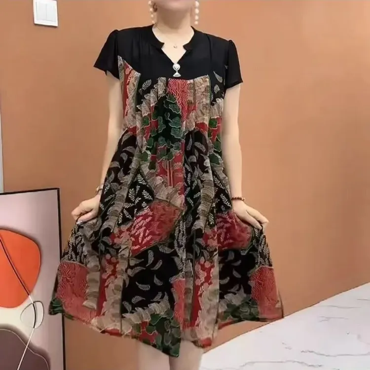 减龄休闲高档潮流拼接碎花短袖连衣裙夏季中长款洋气休闲妈妈裙子