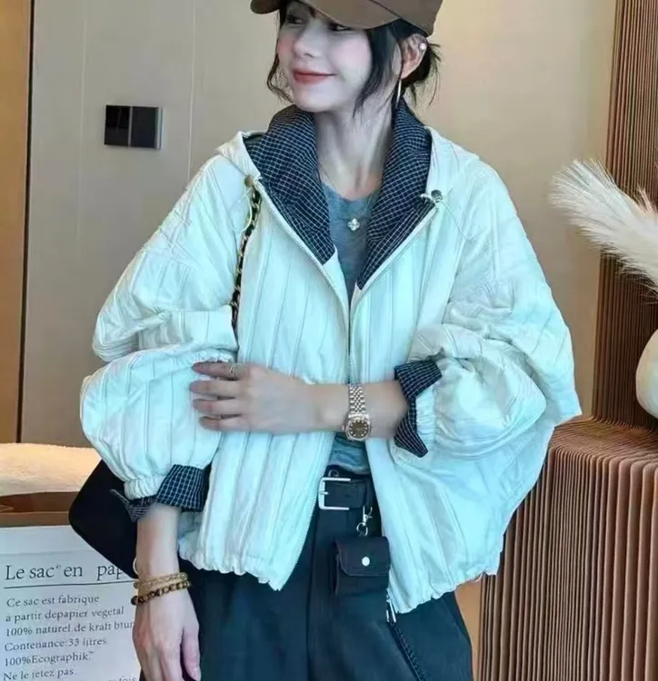 韩版连帽夹棉开衫薄棉外套女短款秋季2025新款宽松休闲夹克开衫
