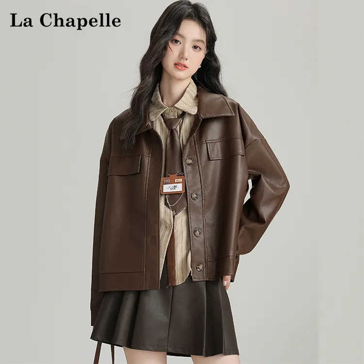拉夏贝尔2025秋冬新款翻领pu皮夹克女宽松高级感机车风皮衣外套潮