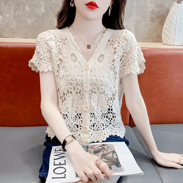 2025夏季新款针织衫镂空宽松短袖恤洋气显瘦气质镂空衫女上衣百搭