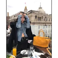 曼曼【曼谷街头】 复古休闲牛仔外套美式蓝色POLO领气质修身上衣