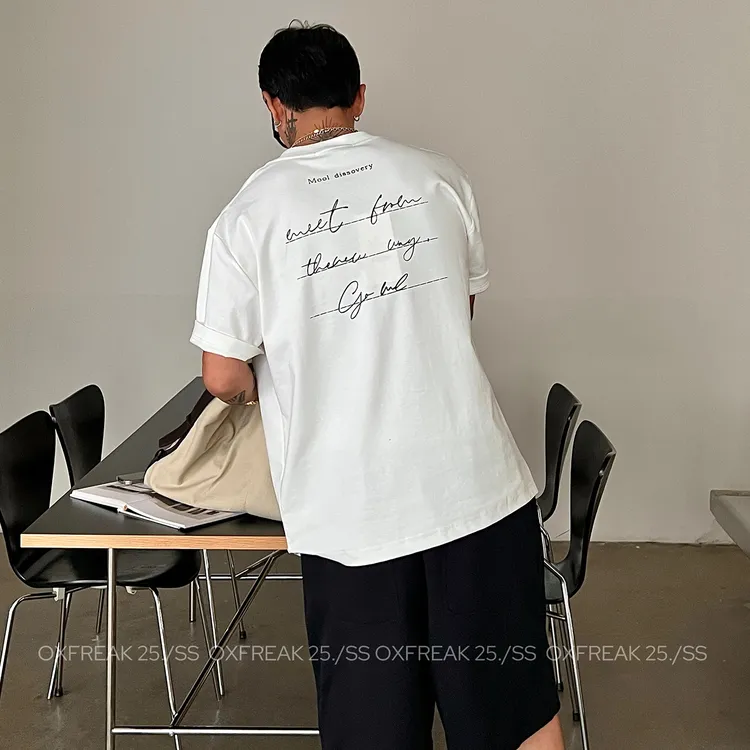 OXFREAK「钢笔手绘英文印花」双面针织短袖t恤男宽松圆领情侣半袖