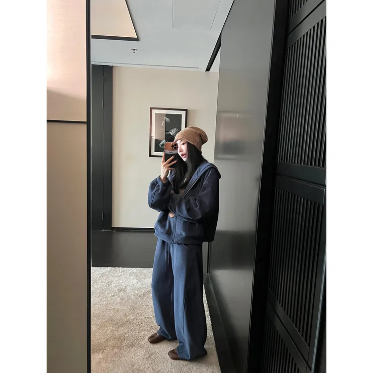 区区欧阳【肯豆假日】490G奥粒绒连帽卫衣外套加厚宽松复古阔腿裤