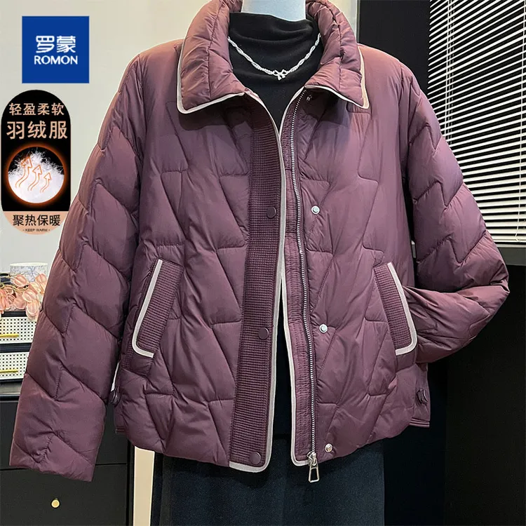 罗蒙妈妈装菱格短款羽绒服2025冬季新款中老年女高贵洋气保暖外套