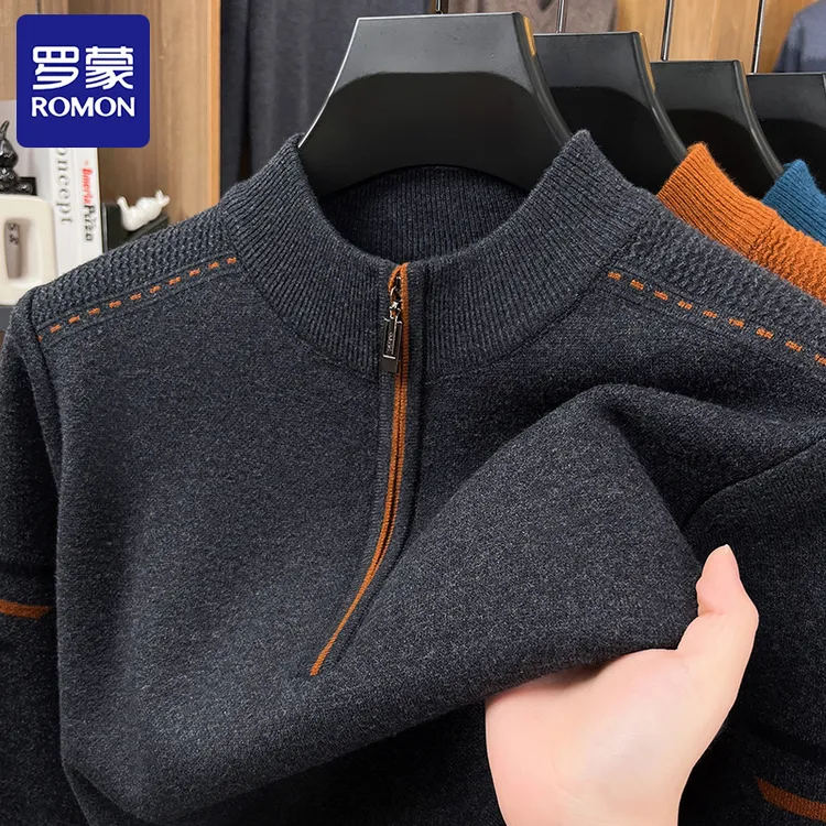 Romon/罗蒙秋冬加厚毛衣男士长袖半高拉链时尚休闲套头打底针织衫